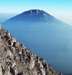 Mt Merbabu from lava dome of Mt Merapi. Photo: KD